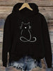 Cute Cat Print Kangaroo Pocket Hoodie, Casual Long Sleeve Hoodies Sweatshirt, Women's Clothing