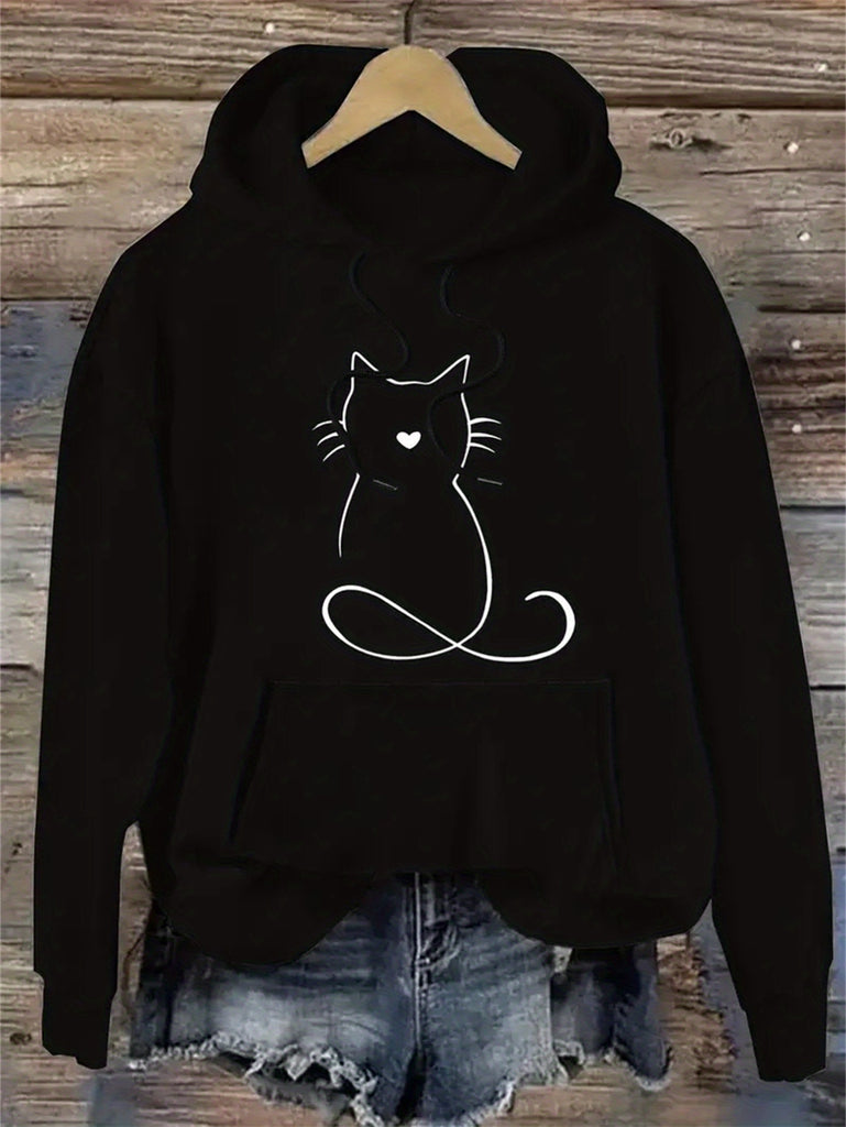 Cute Cat Print Kangaroo Pocket Hoodie, Casual Long Sleeve Hoodies Sweatshirt, Women's Clothing