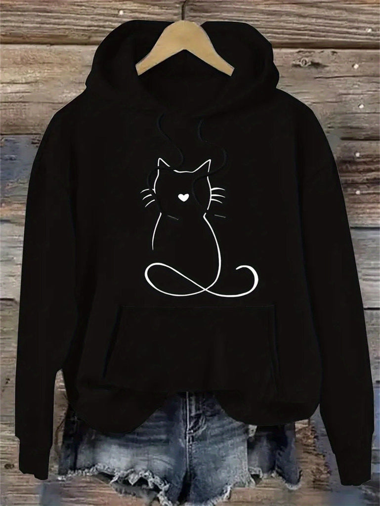 Cute Cat Print Kangaroo Pocket Hoodie, Casual Long Sleeve Hoodies Sweatshirt, Women's Clothing