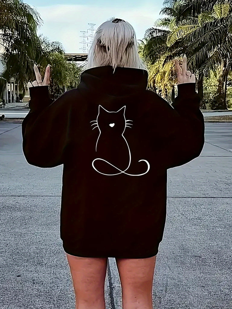 Chic Line Kitten Print Zip-Up Hoodie with Pockets - Comfy & Stylish Sportswear for Women, Perfect for Fall/Winter