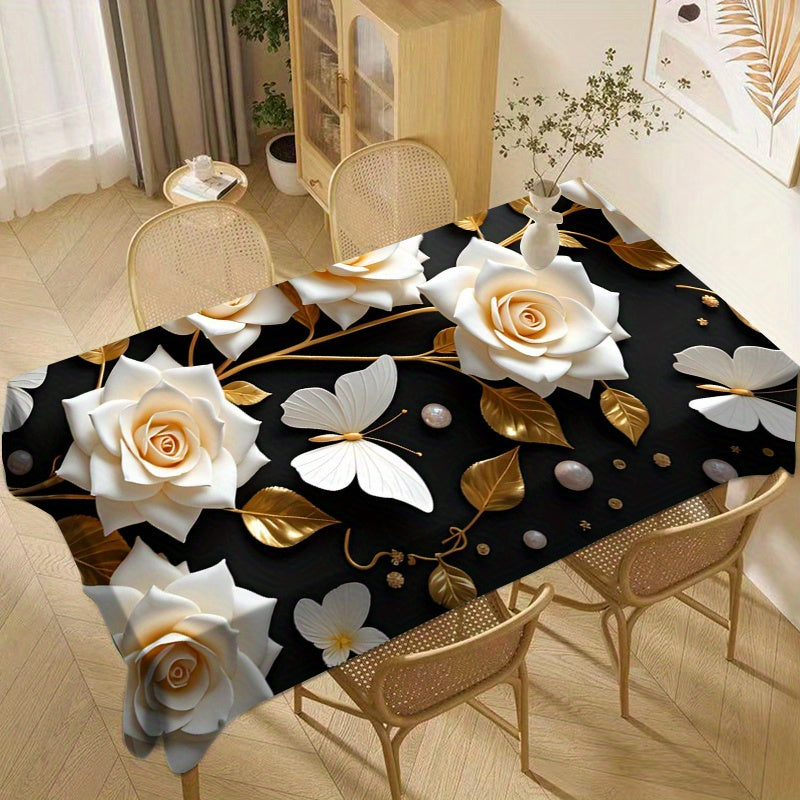 Champagne Rose and Butterfly Print Tablecloth - Plastic and Polyester Woven Rectangle Table Cover for Dining, Restaurant, Parties - Machine Made, Washable, Reusable, Fits Various Table Sizes