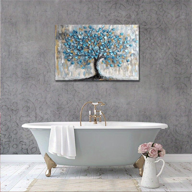 Tree Wall Art Teal Blue Nature Tree of Life Abstract Canvas Painting Textured Picture, Modern Large Panoramic Landscape Artwork Framed for Living Room Bedroom Bathroom Office Home Decor-1 Pc Wooden Framed