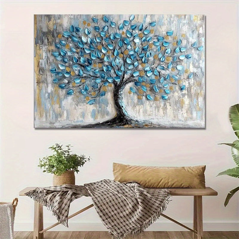 Tree Wall Art Teal Blue Nature Tree of Life Abstract Canvas Painting Textured Picture, Modern Large Panoramic Landscape Artwork Framed for Living Room Bedroom Bathroom Office Home Decor-1 Pc Wooden Framed