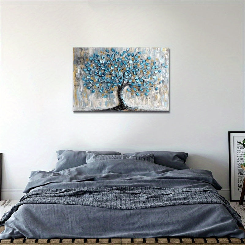 Tree Wall Art Teal Blue Nature Tree of Life Abstract Canvas Painting Textured Picture, Modern Large Panoramic Landscape Artwork Framed for Living Room Bedroom Bathroom Office Home Decor-1 Pc Wooden Framed