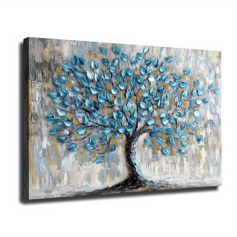 Tree Wall Art Teal Blue Nature Tree of Life Abstract Canvas Painting Textured Picture, Modern Large Panoramic Landscape Artwork Framed for Living Room Bedroom Bathroom Office Home Decor-1 Pc Wooden Framed