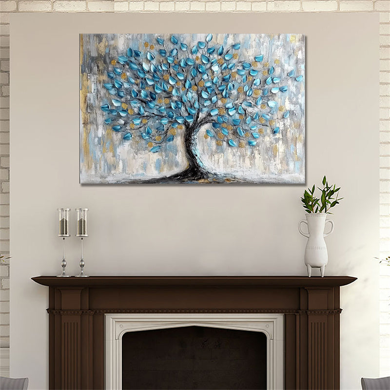 Tree Wall Art Teal Blue Nature Tree of Life Abstract Canvas Painting Textured Picture, Modern Large Panoramic Landscape Artwork Framed for Living Room Bedroom Bathroom Office Home Decor-1 Pc Wooden Framed