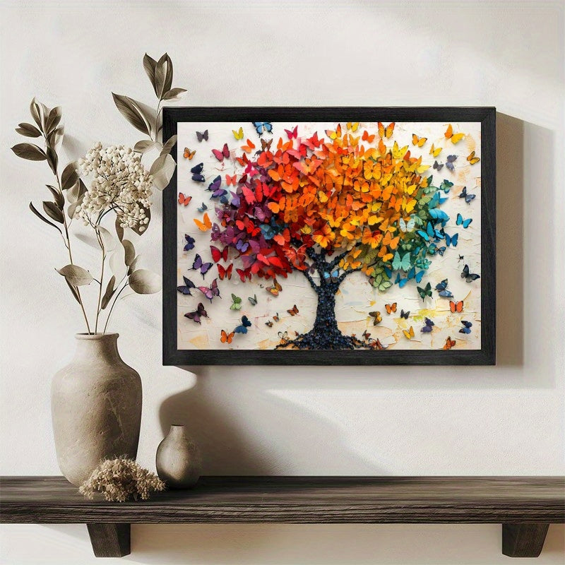 1pc Black Framed Wall Art, Colorful Tree with Butterflies Wood Frame Canvas Prints Poster Still Life, Ready To Hang, Birthday, Mother's Day New Year Halloween Christmas Easter Gift, Home Living Room Office Wall Decor, Perfect Gift and Home Decor