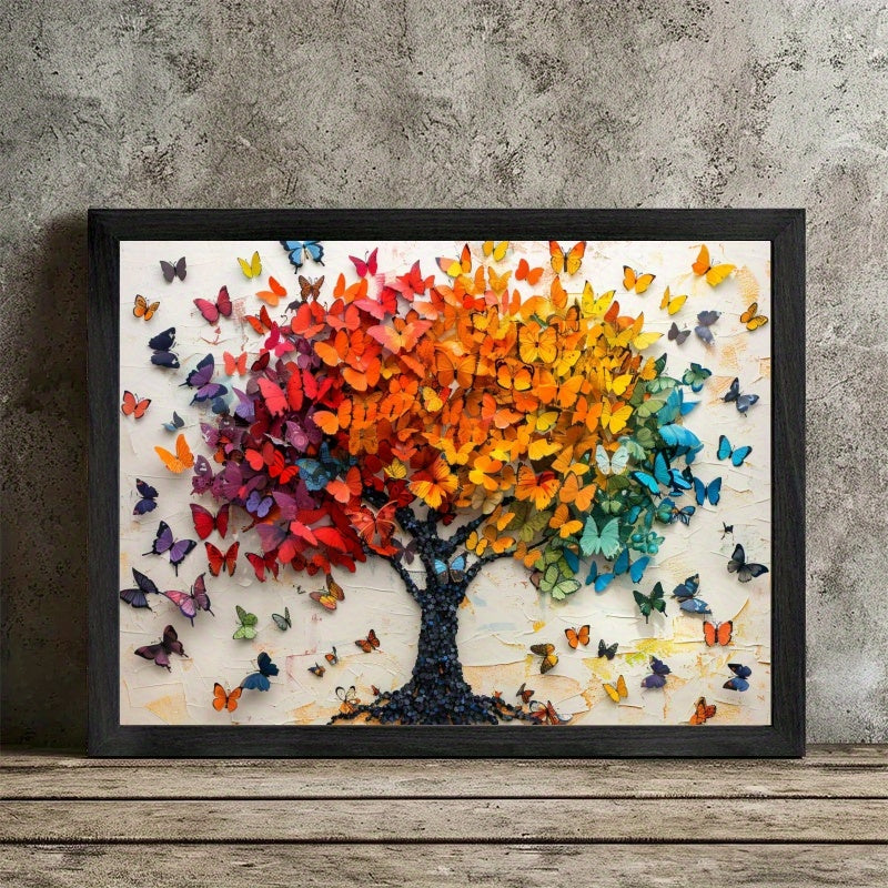 1pc Black Framed Wall Art, Colorful Tree with Butterflies Wood Frame Canvas Prints Poster Still Life, Ready To Hang, Birthday, Mother's Day New Year Halloween Christmas Easter Gift, Home Living Room Office Wall Decor, Perfect Gift and Home Decor