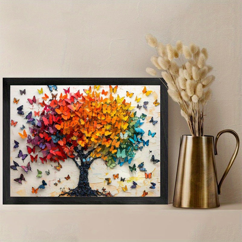 1pc Black Framed Wall Art, Colorful Tree with Butterflies Wood Frame Canvas Prints Poster Still Life, Ready To Hang, Birthday, Mother's Day New Year Halloween Christmas Easter Gift, Home Living Room Office Wall Decor, Perfect Gift and Home Decor