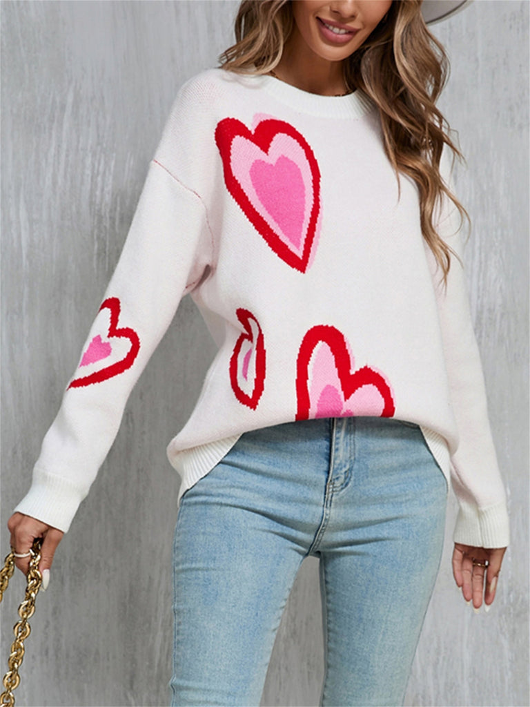 Women's Heart Print Sweaters Long Sleeve Round Neck Oversized Pullover Spring Fall Tops