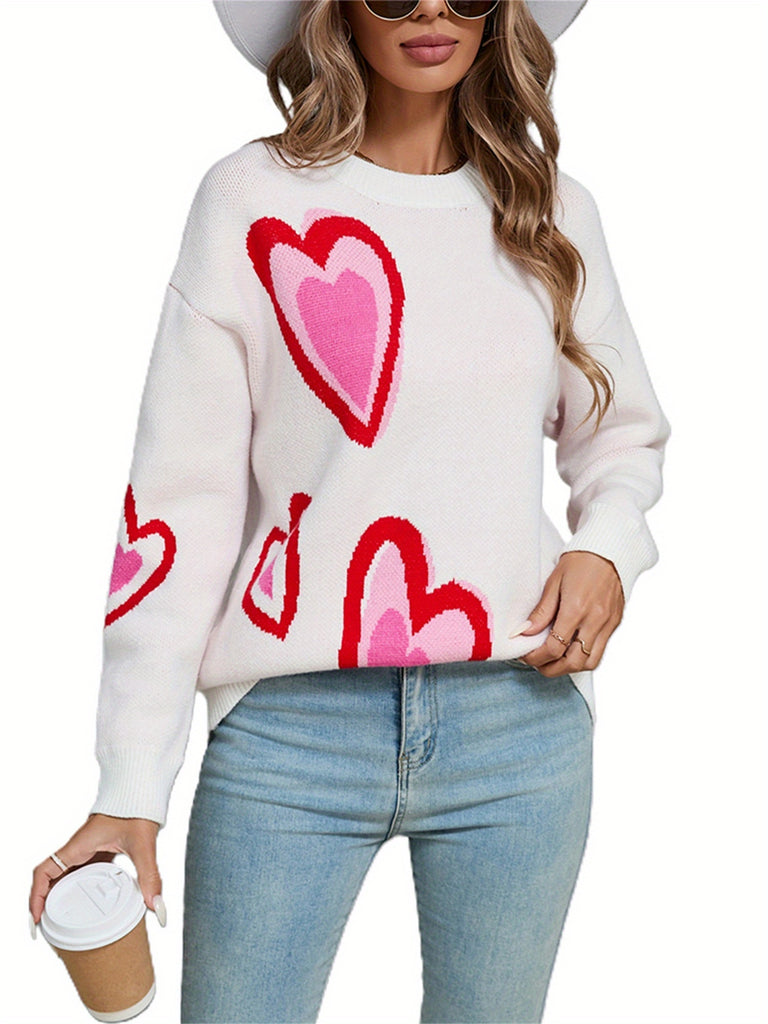 Women's Heart Print Sweaters Long Sleeve Round Neck Oversized Pullover Spring Fall Tops