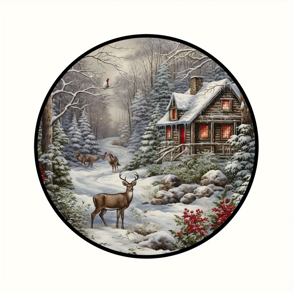 Charming Elk Under Cabin Design Round Tablecloth - Polyester, Dust-Proof for Living Room & Kitchen Decor