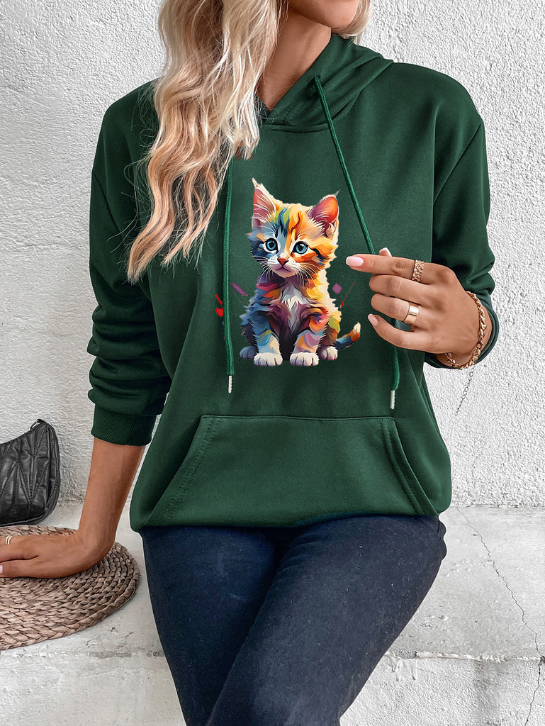 Women's Casual Polyester Hoodie with Cute Cat Print - Long Sleeve Knit Fabric Pullover with Pocket Details | Loose Fit Animal Pattern Hooded Sweatshirt for Spring/Fall