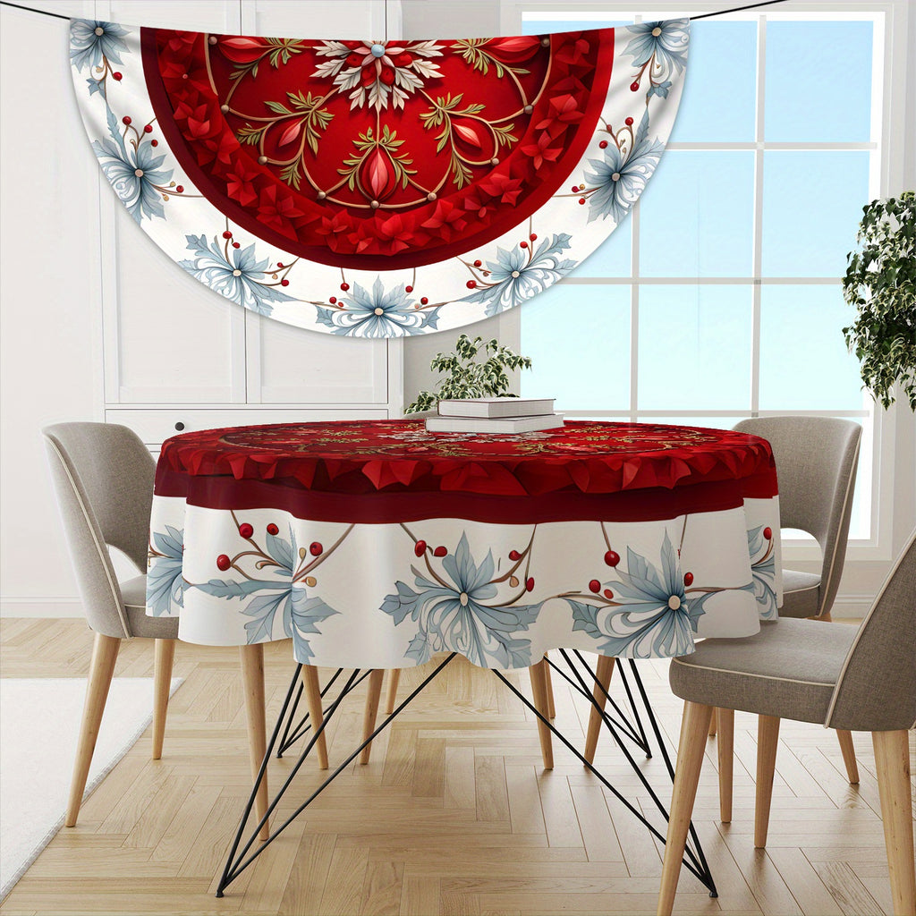 Noel Beauty, Christmas Cheer 63" Round Tablecloth - Red with White & Blue Floral Border, Waterproof Polyester, Perfect for Holiday Dining, Parties, BBQs & Picnics