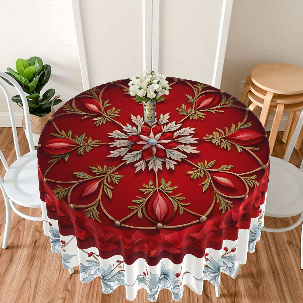 Noel Beauty, Christmas Cheer 63" Round Tablecloth - Red with White & Blue Floral Border, Waterproof Polyester, Perfect for Holiday Dining, Parties, BBQs & Picnics