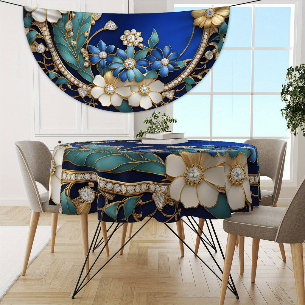 Waterproof Polyester Tablecloth - 63" Round Woven Table Cover with Diamond Daisy Print, Modern Art Style Tapestry for Outdoor Patio Dining, Machine Made Floral Table Linen for Backyard BBQ & Picnics