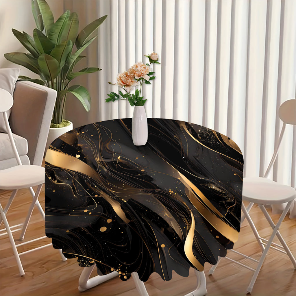 Round Tablecloth, Black Golden Line Design, Polyester, Machine Woven, Dustproof, Decorative Cover for Dining Table, Living Room, Kitchen, Home Decor