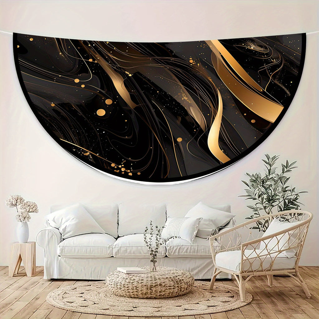 Round Tablecloth, Black Golden Line Design, Polyester, Machine Woven, Dustproof, Decorative Cover for Dining Table, Living Room, Kitchen, Home Decor