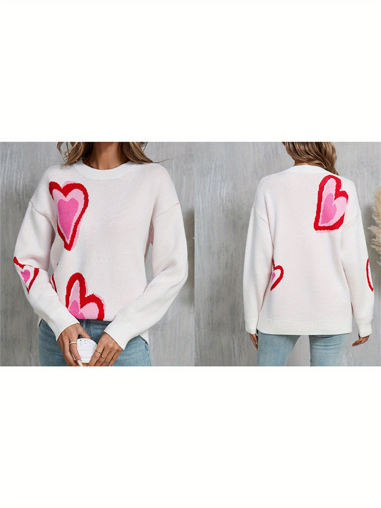 Women's Heart Print Sweaters Long Sleeve Round Neck Oversized Pullover Spring Fall Tops