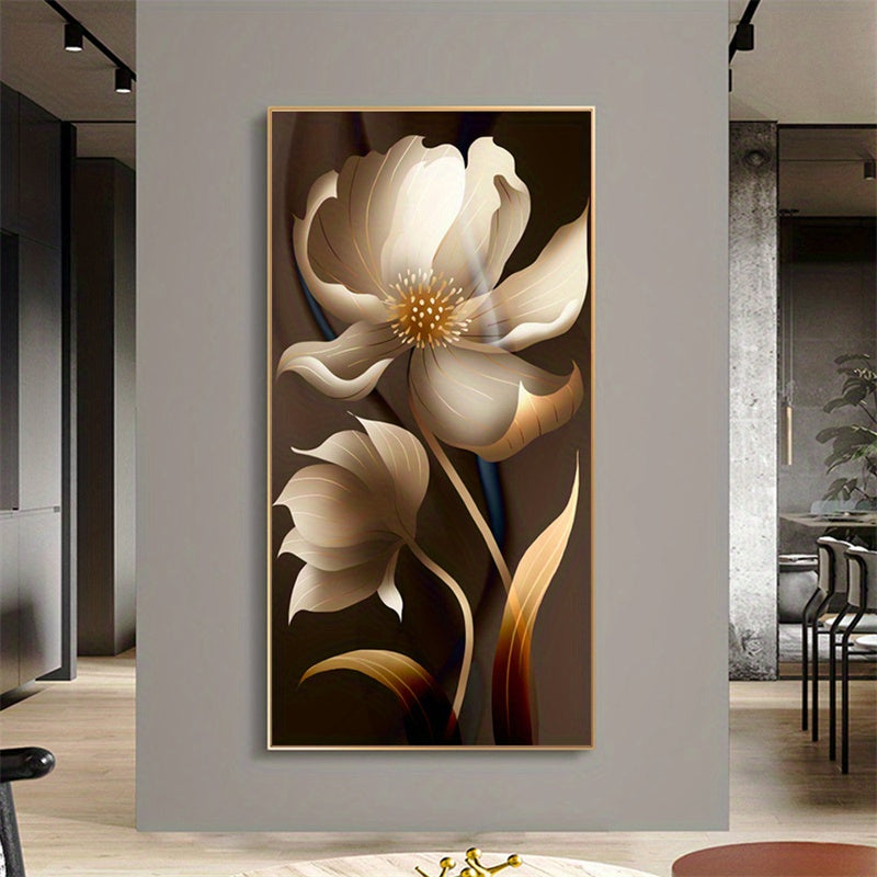 Art Deco Reusable Matte Oblong Canvas Wall Art - Abstract Floral Print, Pre-Pasted Cloth Surface Home Decor, Modern Brown Flower Poster, Frameless Installation