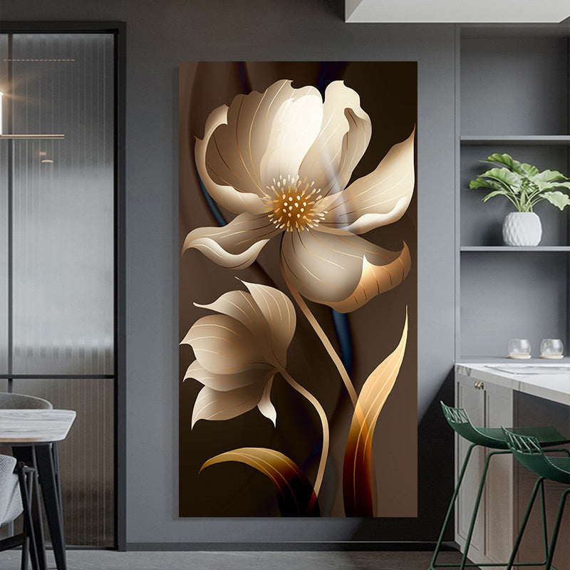 Art Deco Reusable Matte Oblong Canvas Wall Art - Abstract Floral Print, Pre-Pasted Cloth Surface Home Decor, Modern Brown Flower Poster, Frameless Installation