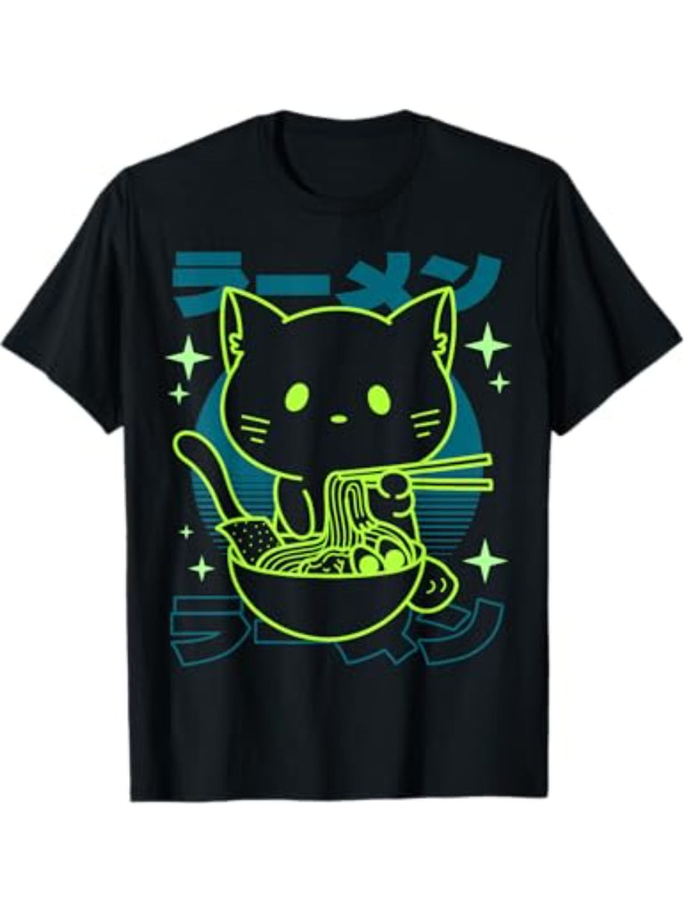 Anime Ramen Cat Retro Noodles Aesthetic Kawaii Cat T-Shirt - Unsex Short Sleeve, Casual Wear, Autumn Season Fashion - For Men & Women - Perfect Gift for Anime & Cat Lovers