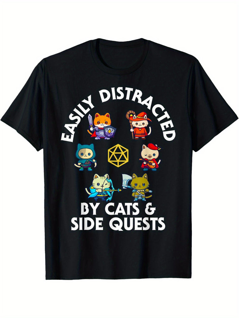 RPG Gamer Cats Side Quests D20 Dice Nerdy Cat Men Women Kids T-Shirt