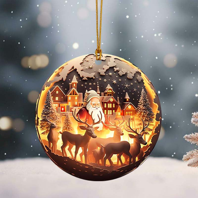 Acrylic Christmas Tree Hanging Ornament, 3D Santa Claus & Reindeer Snow Village Scene, Multipurpose Holiday Decoration for Home, Office, Car - Festive Keepsake Gift for Family and Friends