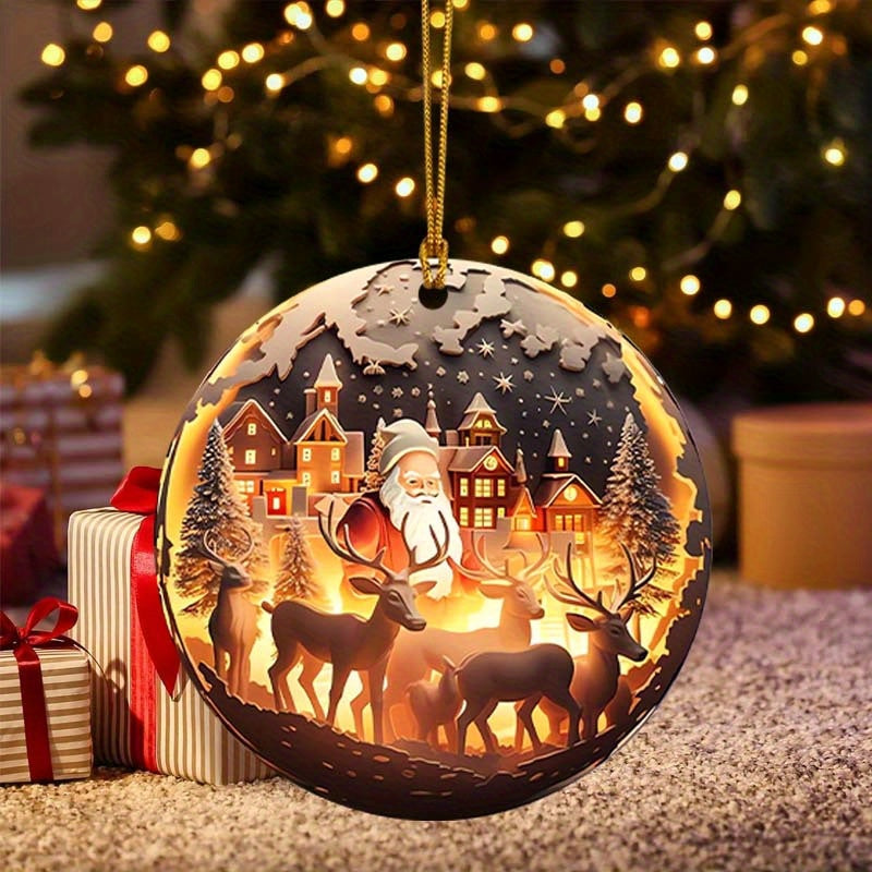 Acrylic Christmas Tree Hanging Ornament, 3D Santa Claus & Reindeer Snow Village Scene, Multipurpose Holiday Decoration for Home, Office, Car - Festive Keepsake Gift for Family and Friends