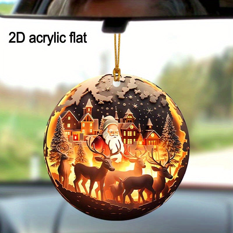 Acrylic Christmas Tree Hanging Ornament, 3D Santa Claus & Reindeer Snow Village Scene, Multipurpose Holiday Decoration for Home, Office, Car - Festive Keepsake Gift for Family and Friends