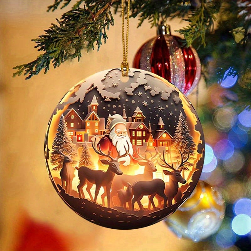 Acrylic Christmas Tree Hanging Ornament, 3D Santa Claus & Reindeer Snow Village Scene, Multipurpose Holiday Decoration for Home, Office, Car - Festive Keepsake Gift for Family and Friends