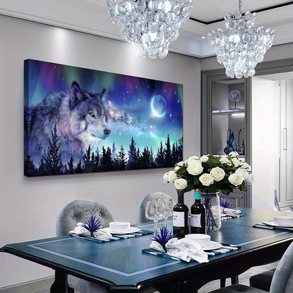1pcs Canvas Wall Art for Living Room Wall Decor Paintings for Office Modern Family Wall Decorations for Bedroom Blue Starry Sky Aurora Scenery Canvas Art Wolf Pictures Artwork Posters Home Decor Framed Ready To Hang