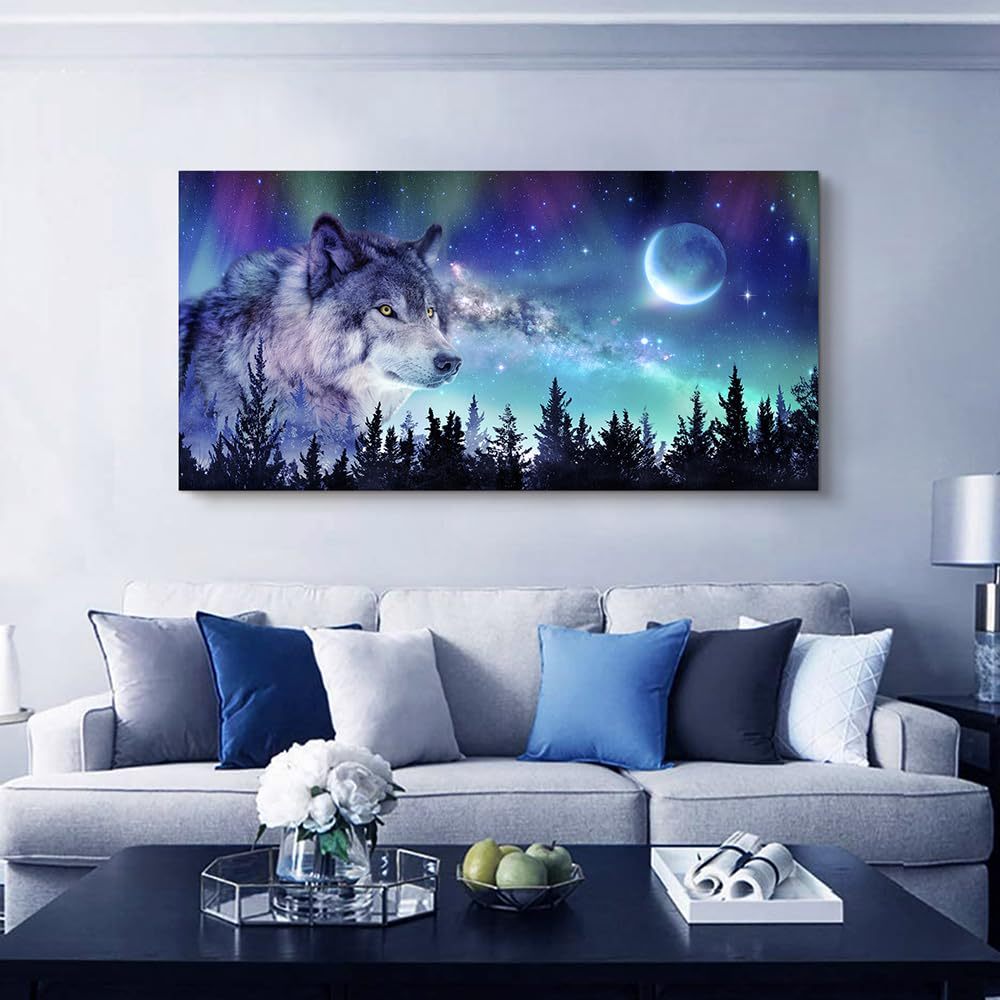 1pcs Canvas Wall Art for Living Room Wall Decor Paintings for Office Modern Family Wall Decorations for Bedroom Blue Starry Sky Aurora Scenery Canvas Art Wolf Pictures Artwork Posters Home Decor Framed Ready To Hang