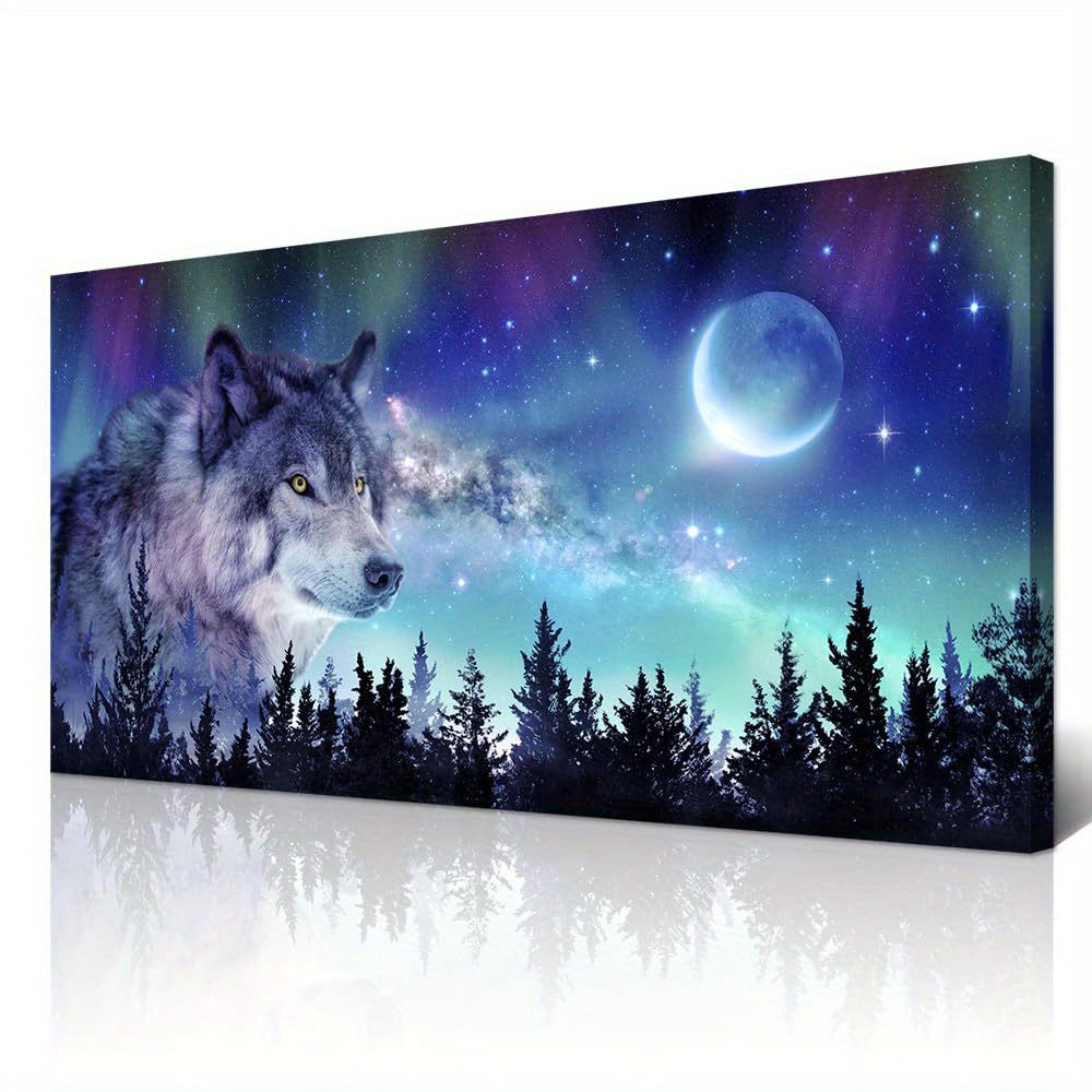 1pcs Canvas Wall Art for Living Room Wall Decor Paintings for Office Modern Family Wall Decorations for Bedroom Blue Starry Sky Aurora Scenery Canvas Art Wolf Pictures Artwork Posters Home Decor Framed Ready To Hang