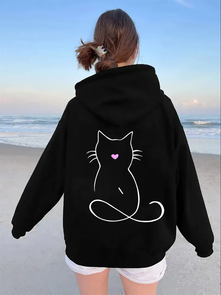 Women's Casual Cat Graphic Hoodie with Kangaroo Pocket - Long Sleeve, Polyester, Machine Washable