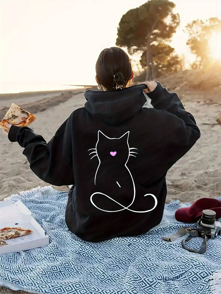 Women's Casual Cat Graphic Hoodie with Kangaroo Pocket - Long Sleeve, Polyester, Machine Washable