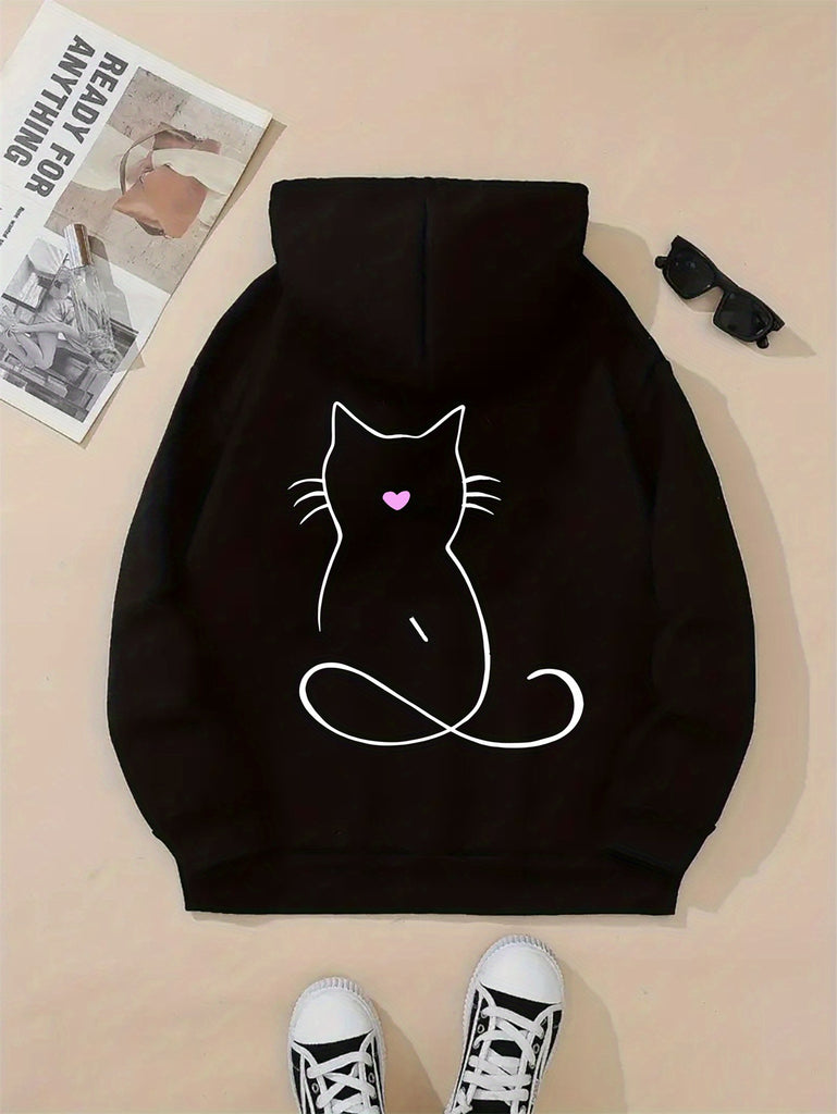 Women's Casual Cat Graphic Hoodie with Kangaroo Pocket - Long Sleeve, Polyester, Machine Washable