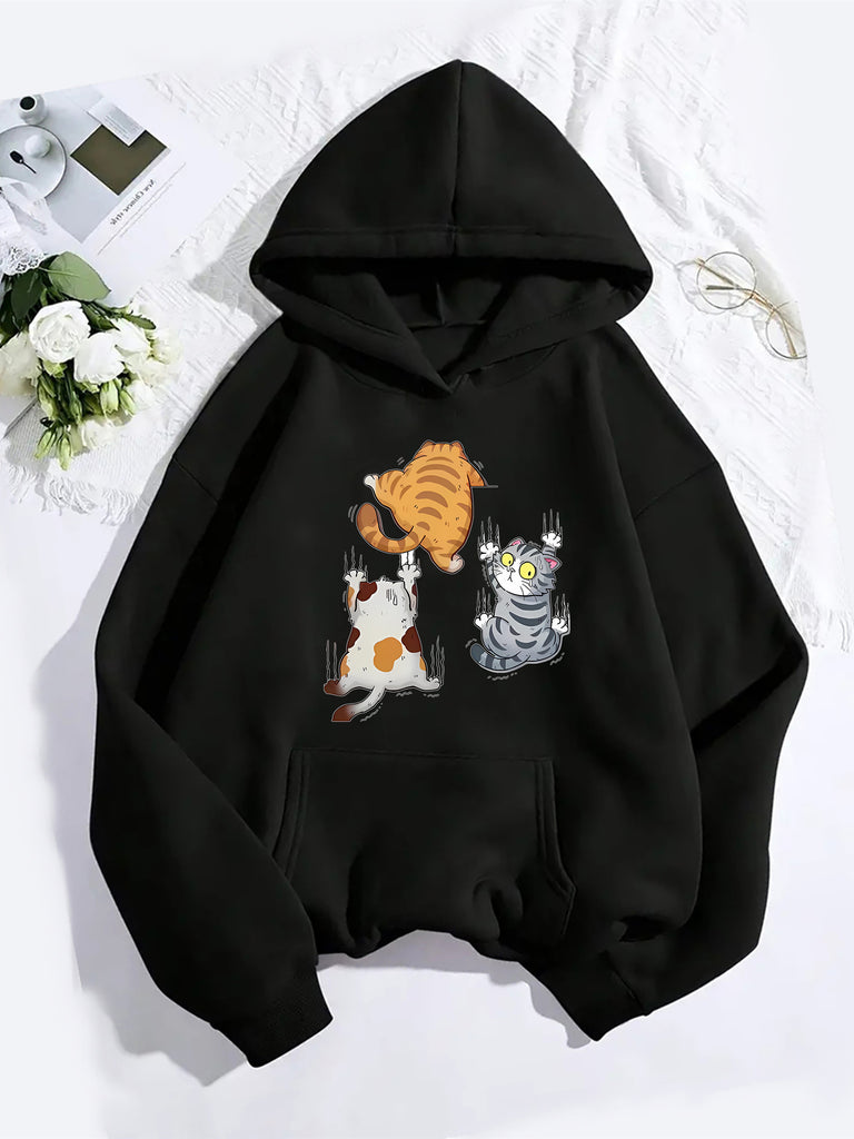 Women's Cozy Fleece-Lined Hoodie with Cute Cartoon Cat Print - Casual Pullover Sweatshirt, Kangaroo Pocket, Long Sleeve, Polyester, Machine Washable - Perfect for All Seasons