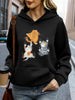 Women's Cozy Fleece-Lined Hoodie with Cute Cartoon Cat Print - Casual Pullover Sweatshirt, Kangaroo Pocket, Long Sleeve, Polyester, Machine Washable - Perfect for All Seasons