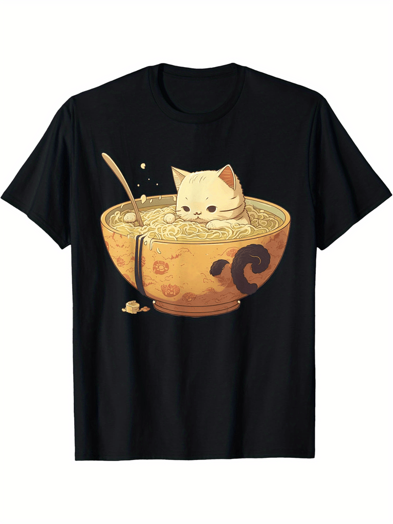 Kawaii Retro Ramen bowl Cat Neko Japanese aesthetics Anime T-Shirt Selected pure cotton interesting design DIY short sleeve t-shirt for men, soft and breathable, suitable for all seasons, comfortable, casual and sports, Halloween and Christmas gifts