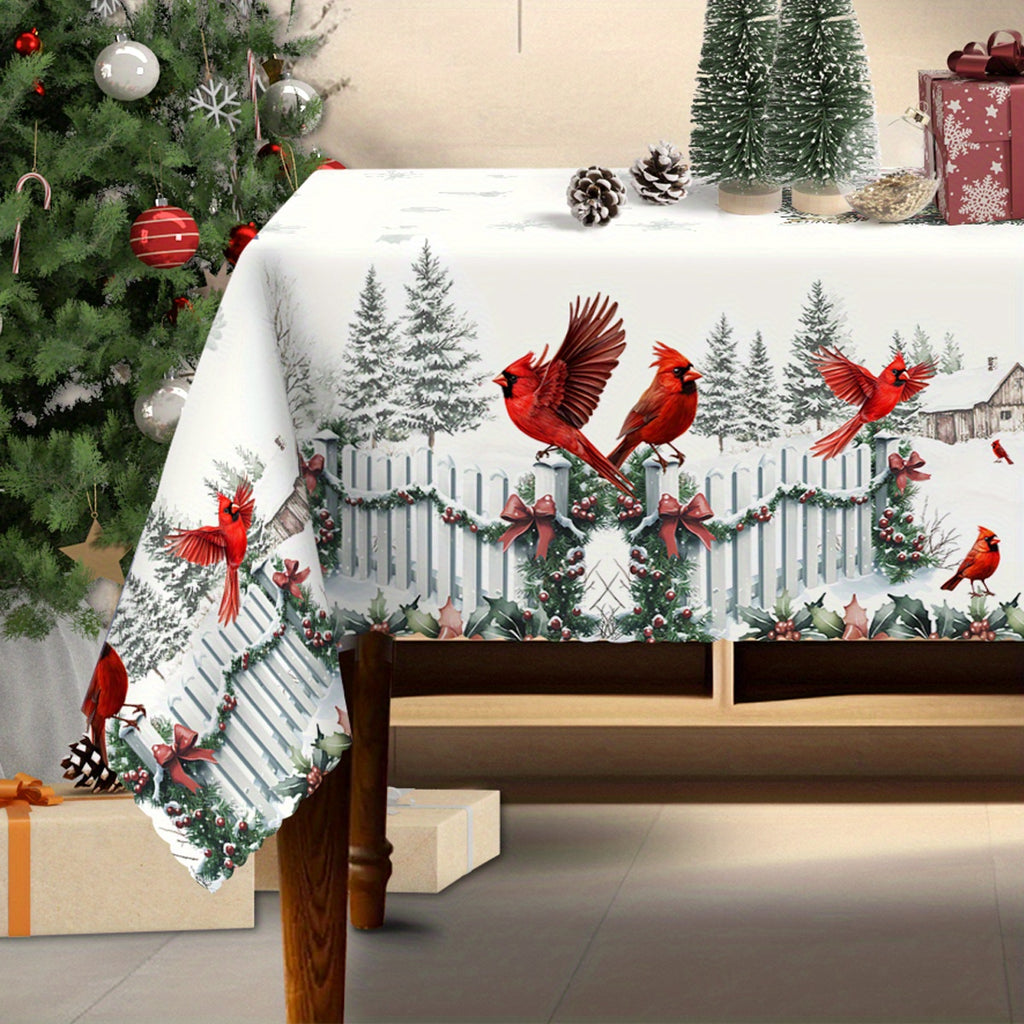 Rustic Winter Farmhouse Tablecloth - Waterproof, Wrinkle & Scratch Resistant with Vibrant Cardinal & Holly Berry Design - Perfect for Christmas & Seasonal Decor, Ideal Gift for Indoor/Outdoor Parties & Home