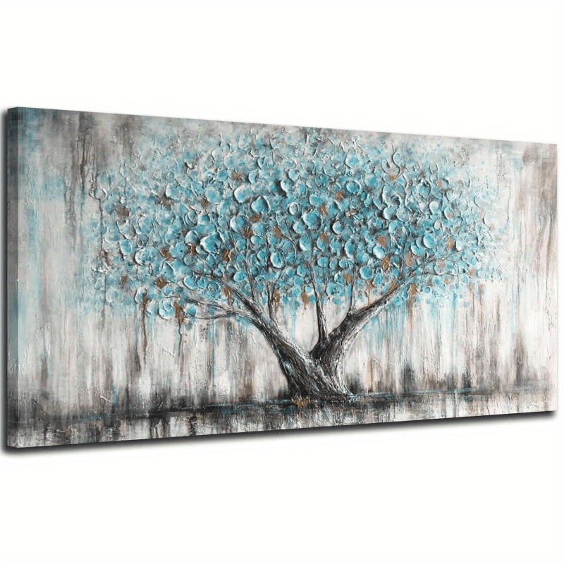 Tree Wall Art Blue Green Natural Tree of Life Abstract Canvas Painting Texture Pictures, Modern Large Panoramic Landscape Artwork Framed Living Room Bedroom Bathroom Office Home Decor-