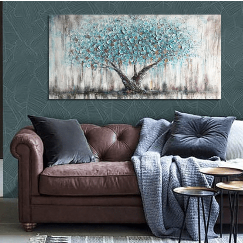 Tree Wall Art Blue Green Natural Tree of Life Abstract Canvas Painting Texture Pictures, Modern Large Panoramic Landscape Artwork Framed Living Room Bedroom Bathroom Office Home Decor-