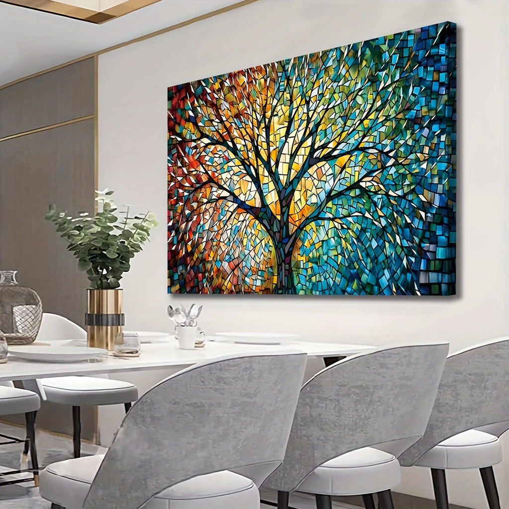 Oversized Tree of Life Wall Art Canvas - Stained Glass Effect Yggdrasil Painting - Leaf Pattern, Spring and Summer Landscape Theme - Decorative Art Classic Modern Style - Wooden Frame - For Living Room, Bedroom, Kitchen, Office, Dining Room Decoration