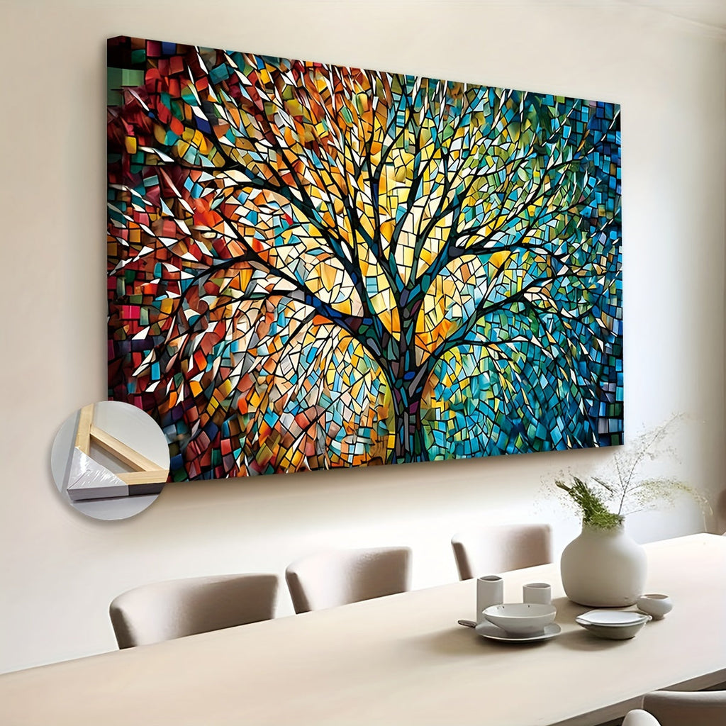 Oversized Tree of Life Wall Art Canvas - Stained Glass Effect Yggdrasil Painting - Leaf Pattern, Spring and Summer Landscape Theme - Decorative Art Classic Modern Style - Wooden Frame - For Living Room, Bedroom, Kitchen, Office, Dining Room Decoration