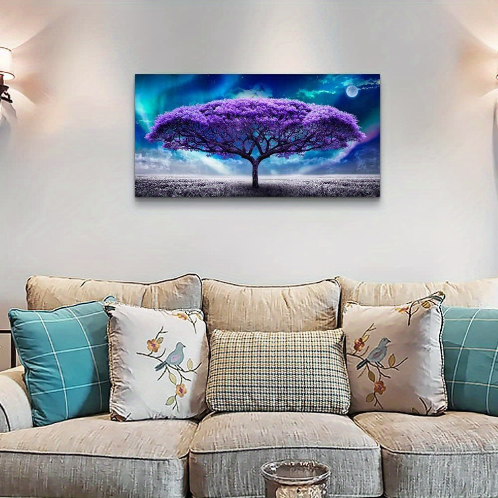 1pc Wooden Frame Canvas Wall Artistic Living Room Large Size Farmhouse Wall Decoration Bedroom Purple Tree Abstract Landscape Picture Artwork Canvas Print Office Decorations Ready to Hang Wooden Frame Shelf-Thickness 1.5 Inch