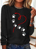 Heart & Dog Paw Print T-shirt, Cute Crew Neck Long Sleeve Top For Spring & Fall, Women's Clothing