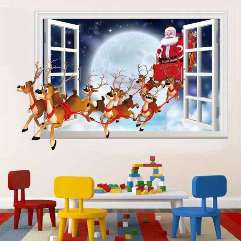 3D Santa Claus Wall Decal, Festive Christmas Wall Sticker, Removable Faux Window Design, PVC Art Decor for Home, Kitchen, Holiday Wall Art