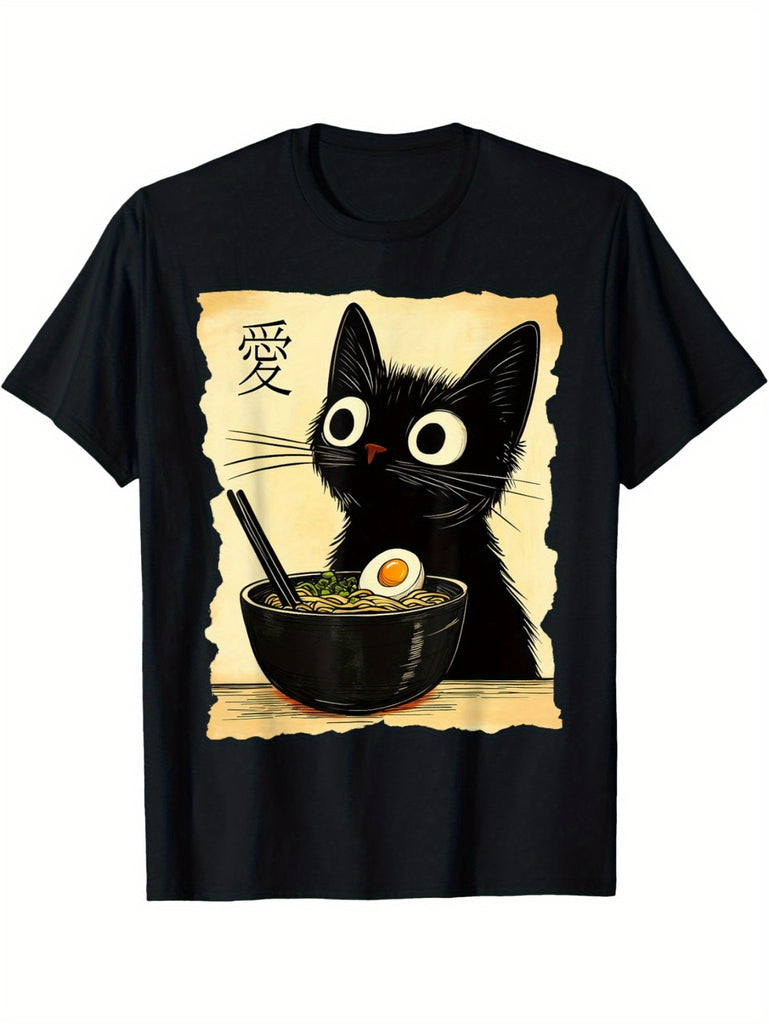 EWH Funny Cat Ramen Graphic Tee Japanese Kawaii Anime Cat T-Shirt