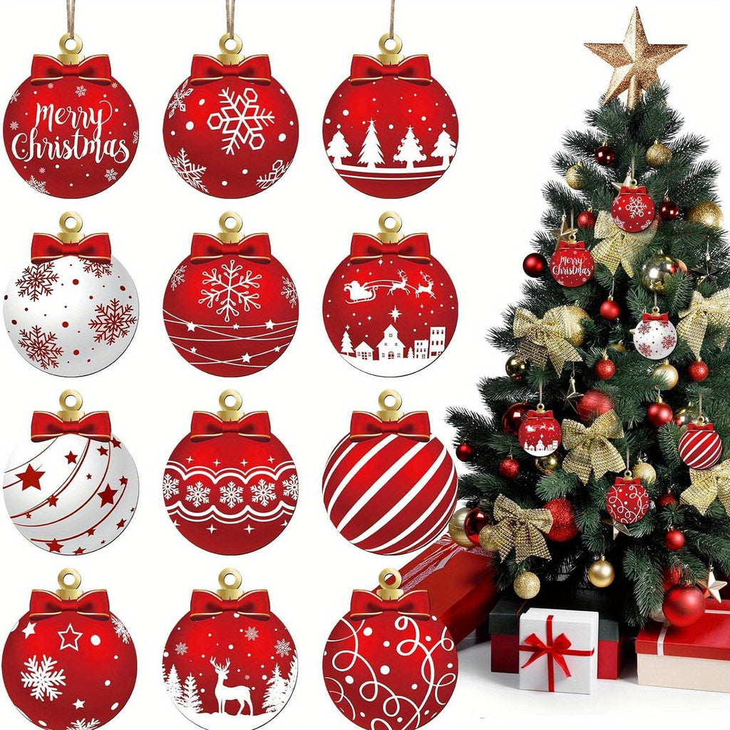 12PCS Christmas Wooden Pendant Christmas Ball Hanging Wooden Pendant Christmas Ball Christmas Tree Craft Decoration for Holiday Home Decoration of Holiday Party